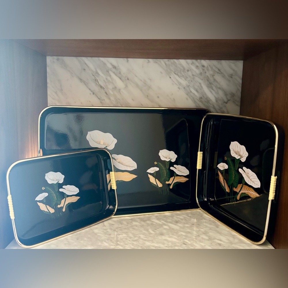 Vintage Floral Black and Gold Serving Trays